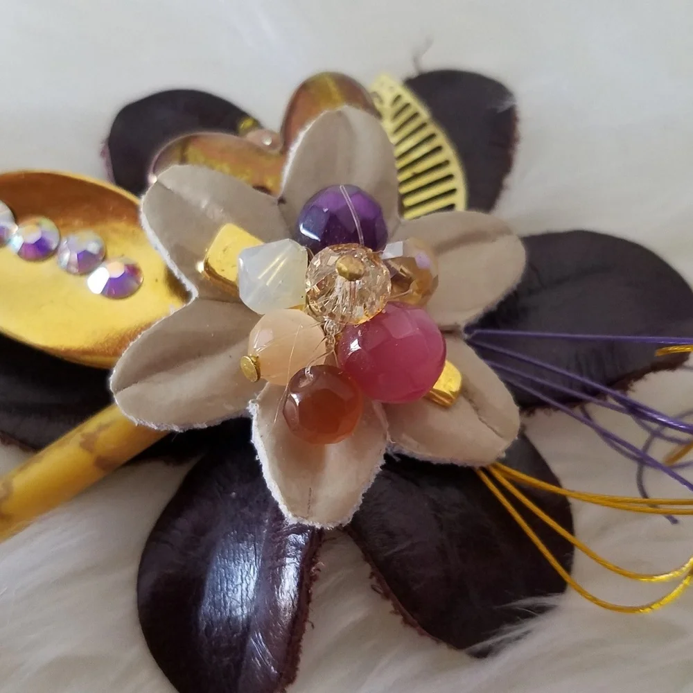 Swarovski Elements Genuine Brown Leather Flower Brooch - Handmade
